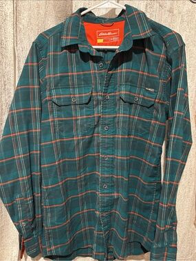 Eddie Bauer Teal and Orange Plaid Flannel Shirt Button-Up